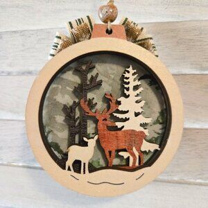 NWT Deer Doe Buck Wood Ornament Woodland Fabric Ribbon Christmas Holiday Decor